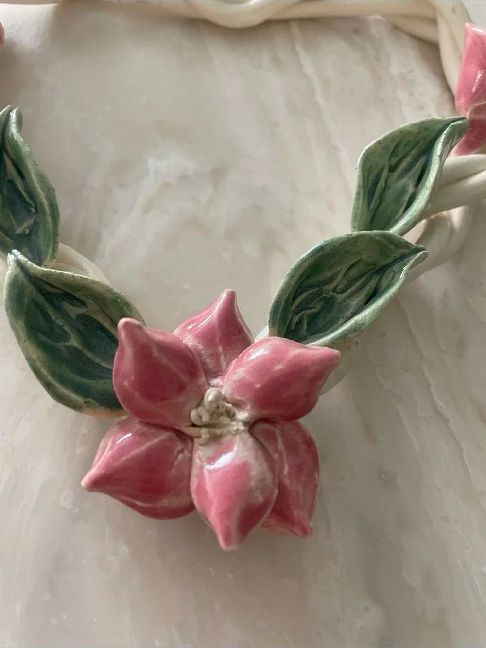 Pottery Ceramic Braided Heart Lily Pink Flowers Green Leaves Ribbon Hanging